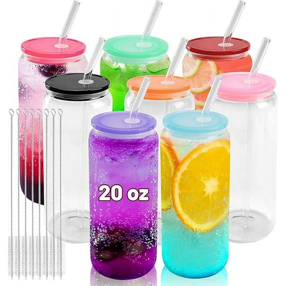 20 oz Glass Cups with Acrylic Lids and Straws 8pcs Can Shaped Glass Iced Coffee Cups with Lids, Drinking Jar Glasses Cute Tumbler Cup Great for Smoothie Soda Boba Tea Cocktail Beer Gift