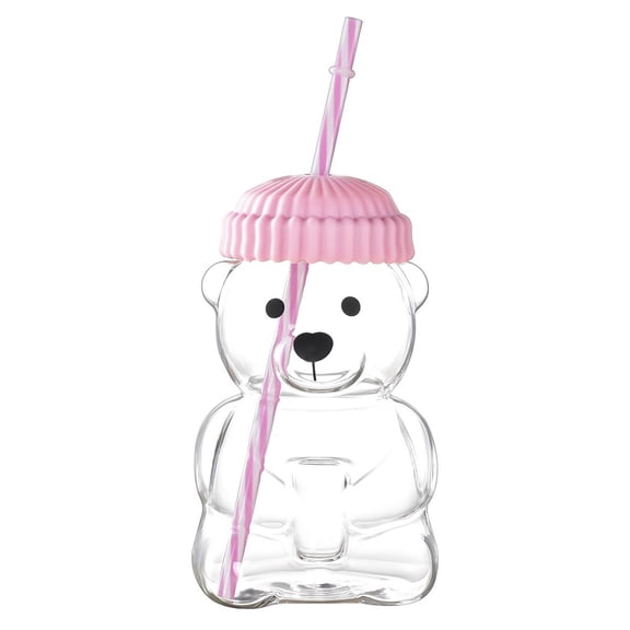 20 oz Glass Straw Cup with Little Bear Design, High Borosilicate Heat-Resistant Glass Tumbler for Juice, Milk and Cold Drinks, 1 Piece