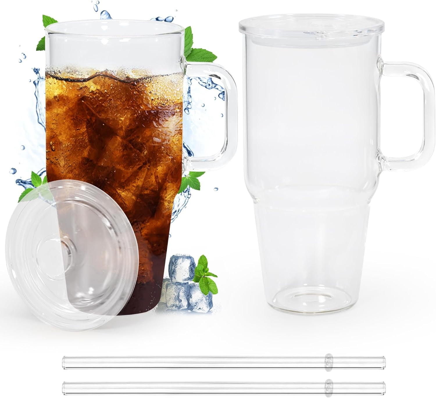 Glass Tumbler With Handle 2 Pack 40oz - Reusable Clear Cups With Bamboo  Lids & Straws, BPA-Free, Wide Mouth For Coffee, Smoothies, Boba 40oz Glass  Tumbler With Handle