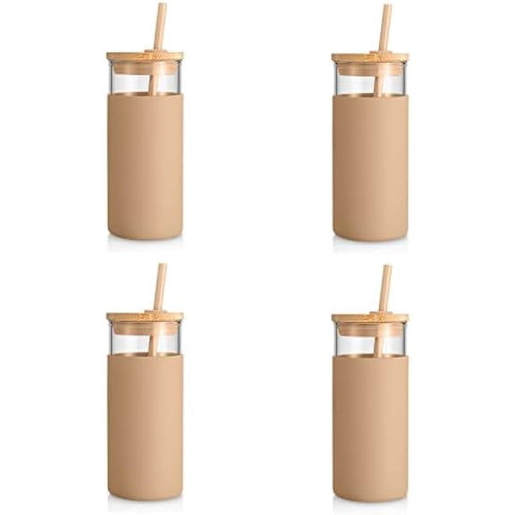 20 oz Glass Tumbler with Lid and Straw, Iced Coffee Cup and Smoothie Cup with Bamboo Lids & Protective Silicone Sleeve, Dishwasher Safe, BPA-Free, Glass Cup 4 Pack$$Home Decor, Kitchen, & Other
