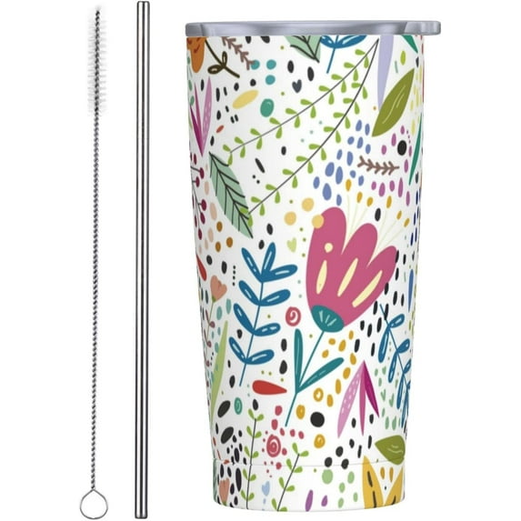 20 oz Insulated Stainless Steel Tumbler Mug Beautiful Flowers with Lid Straw and Straw Brush Drinking Cups for coffee, Car, Home, Office, Travel, Party