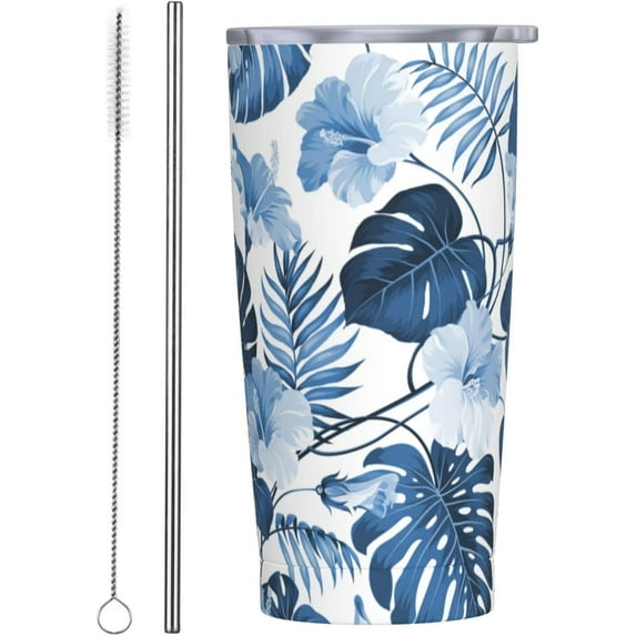20 oz Insulated Stainless Steel Tumbler Mug Blue Elegant Floral with Lid Straw and Straw Brush Drinking Cups for coffee, Car, Home, Office, Travel, Party
