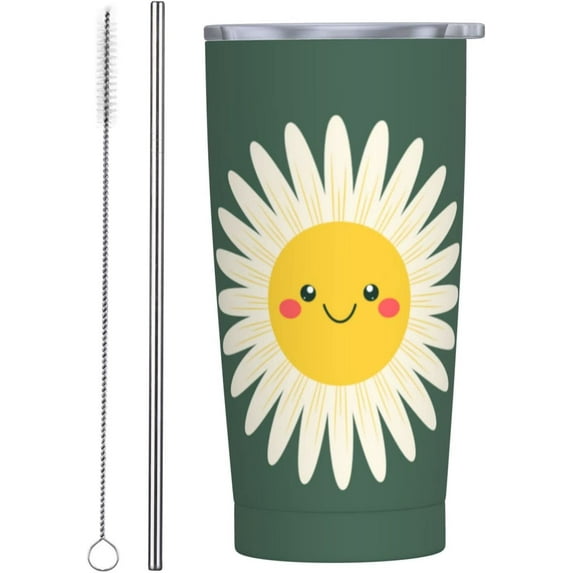 20 oz Insulated Stainless Steel Tumbler Mug Daisy Flowers Sun with Lid Straw and Straw Brush Drinking Cups for coffee, Car, Home, Office, Travel, Party