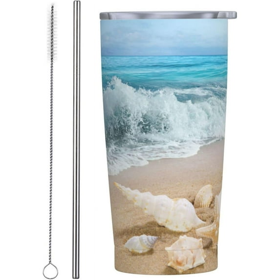 20 oz Insulated Stainless Steel Tumbler Mug Ocean Shells on The Beach Sea Cup with Lid and Straw Brush Water Bottle Coffee Travel Office Car for Cold and Hot Drinks