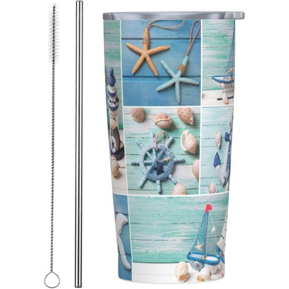 20 oz Insulated Stainless Steel Tumbler Mug Summer Style Starfish Cup with Lid and Straw Brush Water Bottle Coffee Travel Office Car for Cold and Hot Drinks