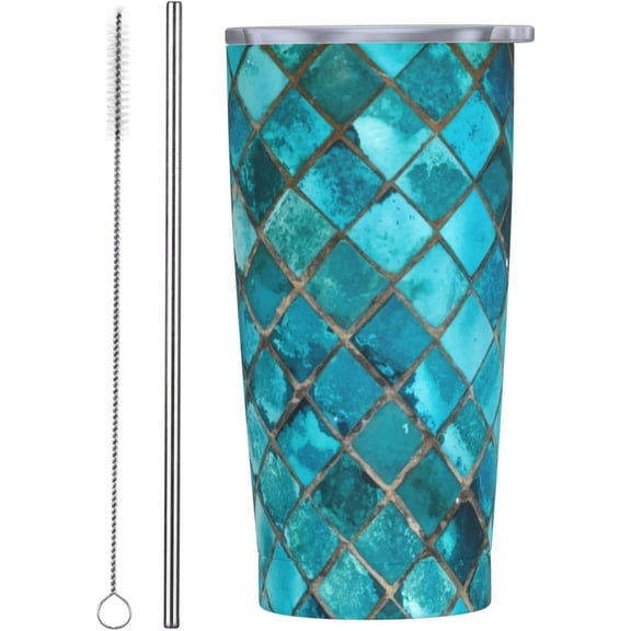20 oz Insulated Stainless Steel Tumbler Mug Turquoise Blue Cup with Lid and Straw Brush Water Bottle Coffee Travel Office Car for Cold and Hot Drinks
