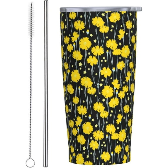 20 oz Insulated Stainless Steel Tumbler Mug Yellow Daisy Flower with Lid Straw and Straw Brush Drinking Cups for coffee, Car, Home, Office, Travel, Party
