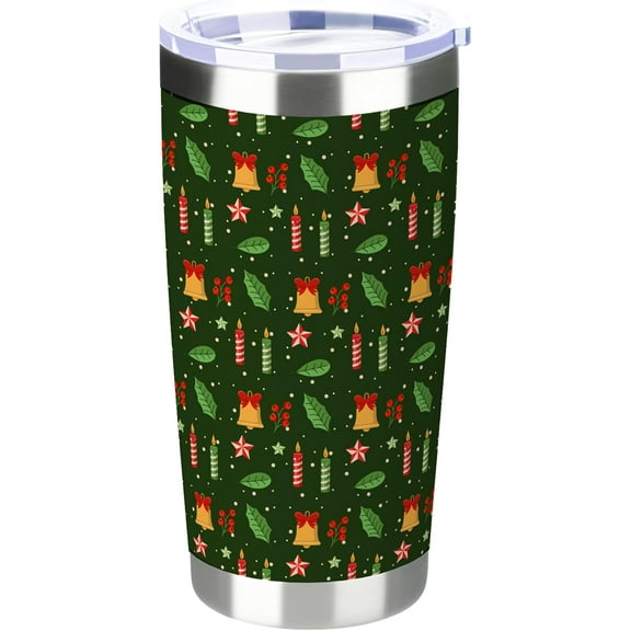 20 oz Insulated Tumbler, Merry Christmas Tumbler with Lid and Straw, Green Mistletoe Candle Bell Coffee Mug Cup, Christmas Gift for Dad Mom Family Friends