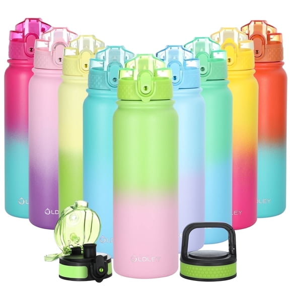 Oldley Insulated 20 oz Green Pink Stainless Steel Water Bottle with Interchangeable Straw Lid,Chug Lid and Carabiner