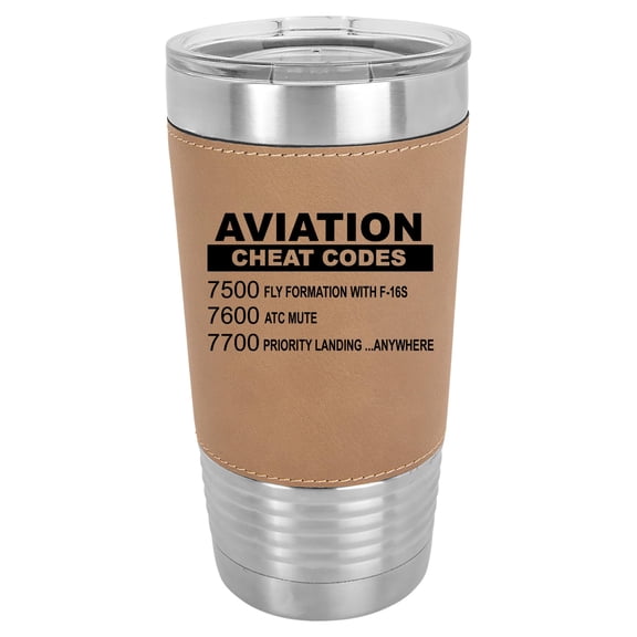 20 oz Leather Tumbler Stainless Steel Insulated Travel Mug Cup Gift Aviation Cheat Codes Pilot (Brown)