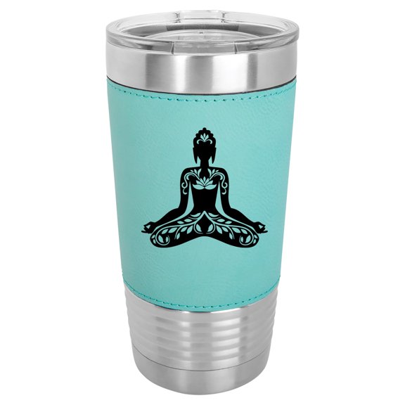20 oz Leather Tumbler Stainless Steel Insulated Travel Mug Cup Gift Buddha Yoga Lotus (Teal)