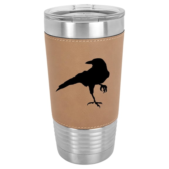 20 oz Leather Tumbler Stainless Steel Insulated Travel Mug Cup Gift Crow Raven Blackbird (Brown)