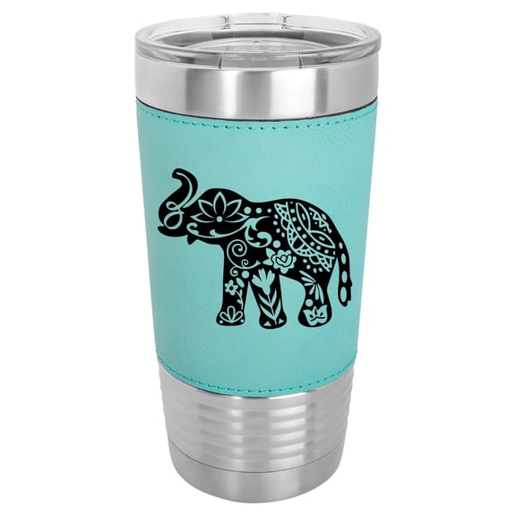 20 oz Leather Tumbler Stainless Steel Insulated Travel Mug Cup Gift Cute Elephant (Teal)