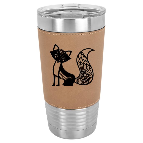 20 oz Leather Tumbler Stainless Steel Insulated Travel Mug Cup Gift Fancy Fox (Brown)