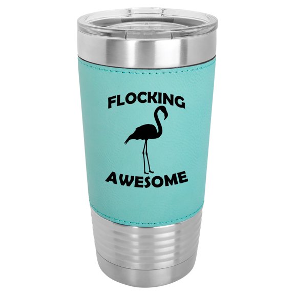 20 oz Leather Tumbler Stainless Steel Insulated Travel Mug Cup Gift Flocking Awesome Flamingo Funny (Teal)