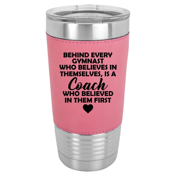 20 oz Leather Tumbler Stainless Steel Insulated Travel Mug Cup Gift Gymnastics Coach Gift (Pink)