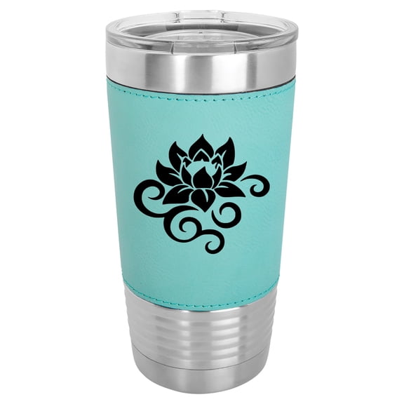 20 oz Leather Tumbler Stainless Steel Insulated Travel Mug Cup Gift Lotus Flower Scroll (Teal)