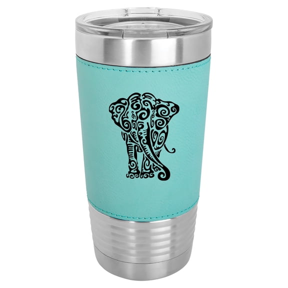 20 oz Leather Tumbler Stainless Steel Insulated Travel Mug Cup Gift Tribal Elephant (Teal)