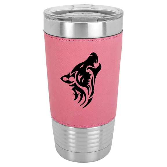 20 oz Leather Tumbler Stainless Steel Insulated Travel Mug Cup Gift Tribal Wolf (Pink)