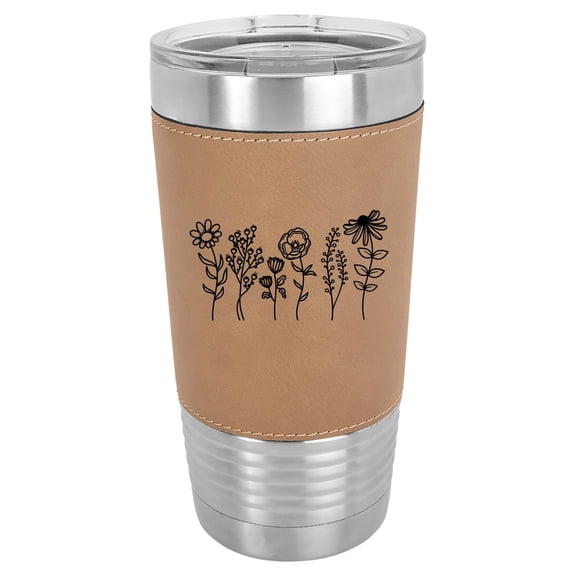 20 oz Leather Tumbler Stainless Steel Insulated Travel Mug Cup Gift Wildflowers Wild Flowers (Brown)