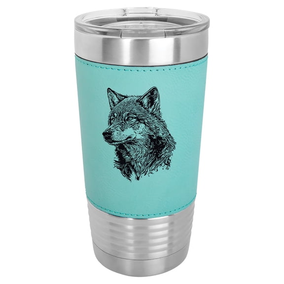 20 oz Leather Tumbler Stainless Steel Insulated Travel Mug Cup Gift Wolf Head (Teal)