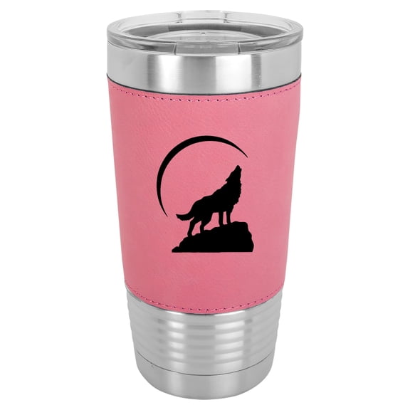 20 oz Leather Tumbler Stainless Steel Insulated Travel Mug Cup Gift Wolf Howling At Moon (Pink)