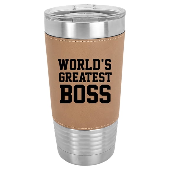 20 oz Leather Tumbler Stainless Steel Insulated Travel Mug Cup Gift World's Greatest boss (Brown)