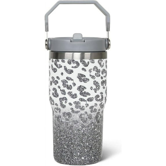 20 oz Leopard Print Tumbler with Handle Vacuum Reusable Insulated Tumblers with Flip Straw and Top Handle Stainless Steel Coffee Mug Leopard Print Cup