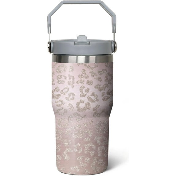 20 oz Leopard Print Tumbler with Handle Vacuum Reusable Insulated Tumblers with Flip Straw and Top Handle Stainless Steel Coffee Mug Leopard Print Cup
