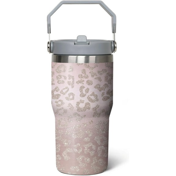 20 oz Leopard Print Tumbler with Handle Vacuum Reusable Insulated Tumblers with Flip Straw and Top Handle Stainless Steel Coffee Mug Leopard Print Cup