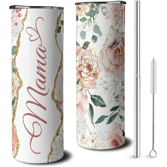 20 oz Mom Skinny Tumblers with Lid and Straw, Mama Stainless Steel Vacuum Insulated Travel Coffee Mug Cup Water Bottle, Mama Birthday Gifts for Mother