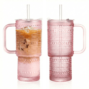 20 oz Pink Glass Tumbler with Lid and Straw, Glass Iced Coffee Cups, Spill-proof Glasses Tumbler with Handle, Glasses Drinking Set of 2, Vintage Glassware for Cocktail, Smoothies