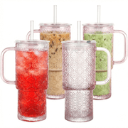 20 oz Pink Glass Tumbler with Lid and Straw, Glass Iced Coffee Cups, Spill-proof Glasses Tumbler with Handle, Glasses Drinking Set of 4, Vintage Glassware for Cocktail, Smoothies