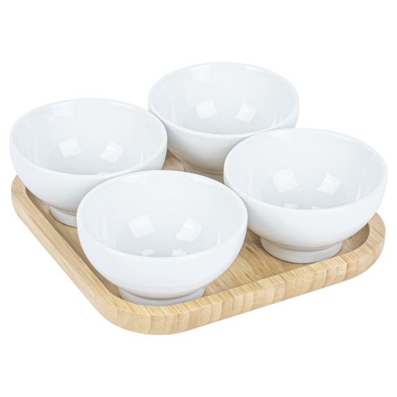 Chef 101 20 oz Rectangle White Porcelain Coppa Bowl Set - 4 Bowls, Bamboo Tray - 7" x 7" x 2 1/4" - 1 count box