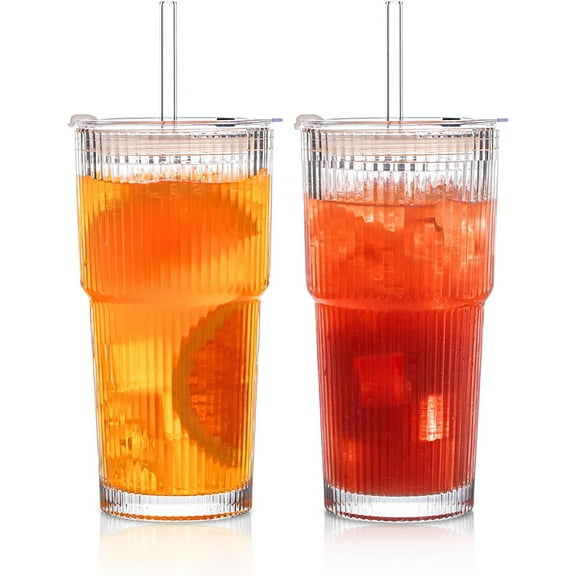 20 oz Ribbed Glass Tumblers with Lids and Glass Straws 2-Piece Glassware Set, Heavy-Duty Tumblers, Ideal for Iced Coffee, Smoothies, Cocktails, and Juices Elegant and Durable Drinkware