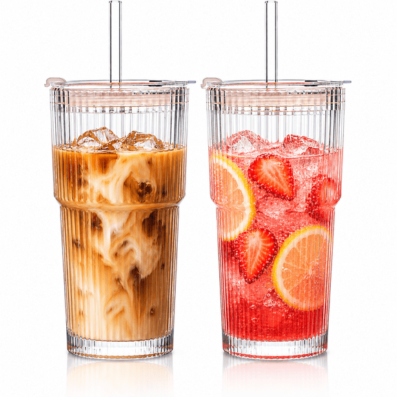 20 oz Ribbed Glass Tumblers with Lids and Glass Straws, 2 Pack Clear Iced Coffee Cups with Cleaning Brush, Reusable Drinking Glasses Set for Smoothies, Juice, Tea, Cocktails