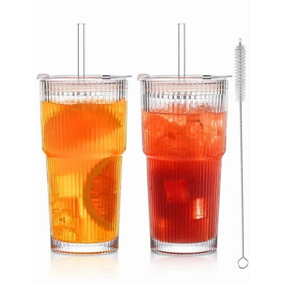 20 oz Ribbed Glass Tumblers with Lids and Glass Straws 2-Piece Glassware Set, Thickened Glass, Ideal for Iced Coffee, Smoothies, Cocktails, and Juices Elegant and Durable Drinkware