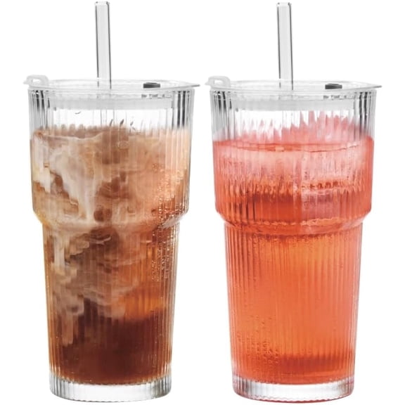 20 oz Ribbed Glass Tumblers with Lids and Straws, 2 Piece Glassware Set, Thickened Glass, Ideal for Iced Coffee, Smoothies, Cocktails, and Juices – Elegant and Durable Drinkware