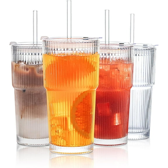 20 oz Ribbed Glass Tumblers with Lids and Glass Straws – 4-Piece Glassware Set, Thickened Glass, Ideal for Iced Coffee, Smoothies, Cocktails, and Juices – Elegant and Durable Drinkware