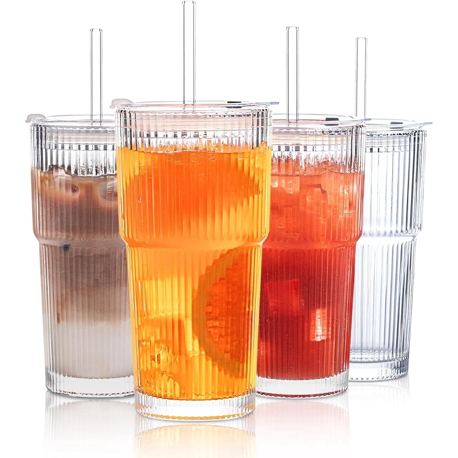 20 oz Ribbed Glass Tumblers with Lids and Straws – 4-Piece Glassware Set, Thickened Glass, Ideal for Iced Coffee, Smoothies, Cocktails, and Juices – Elegant and Durable Drinkware