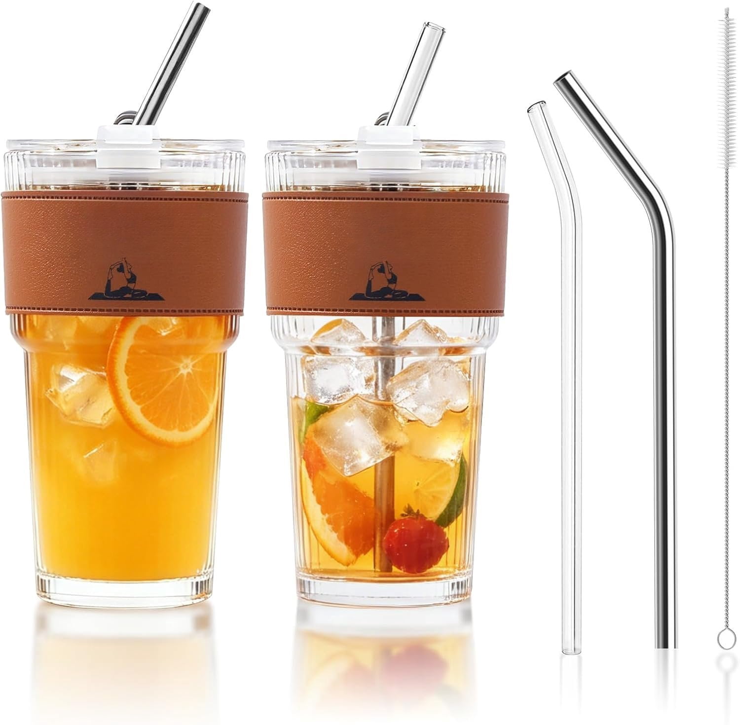 20 oz Ribbed Glass Tumblers with Sleeves, and Straws, Modern Iced ...