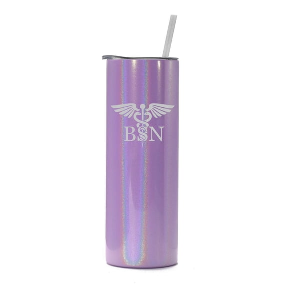 20 oz Skinny Tall Tumbler Stainless Steel Vacuum Insulated Travel Mug Cup With Straw BSN Bacholors Of Science Nurse Caduceus (Purple Iridescent Glitter)