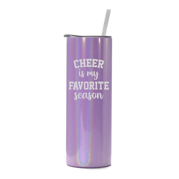 20 oz Skinny Tall Tumbler Stainless Steel Vacuum Insulated Travel Mug Cup With Straw Gift Cheer Is My Favorite Season Cheerleader Cheer Mom (Purple Iridescent Glitter)