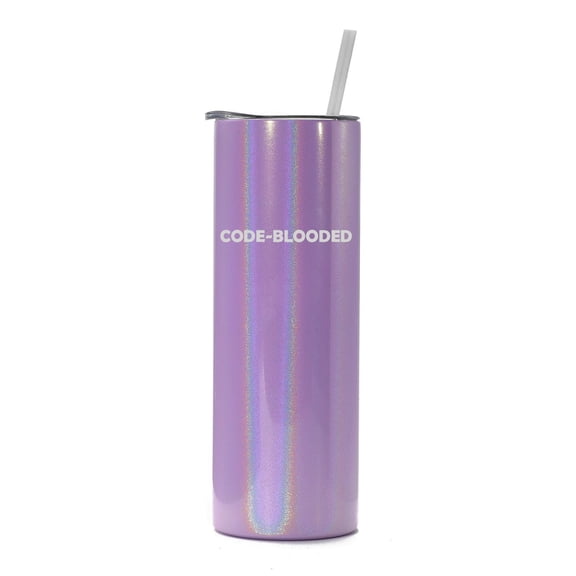 20 oz Skinny Tall Tumbler Stainless Steel Vacuum Insulated Travel Mug Cup With Straw Gift Code-Blooded Funny Programmer Geek Nerd IT Coder Computer Science Tech (Purple Iridescent Glitter)