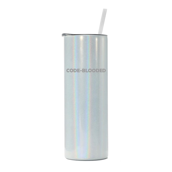 20 oz Skinny Tall Tumbler Stainless Steel Vacuum Insulated Travel Mug Cup With Straw Gift Code-Blooded Funny Programmer Geek Nerd IT Coder Computer Science Tech (White Iridescent Glitter)