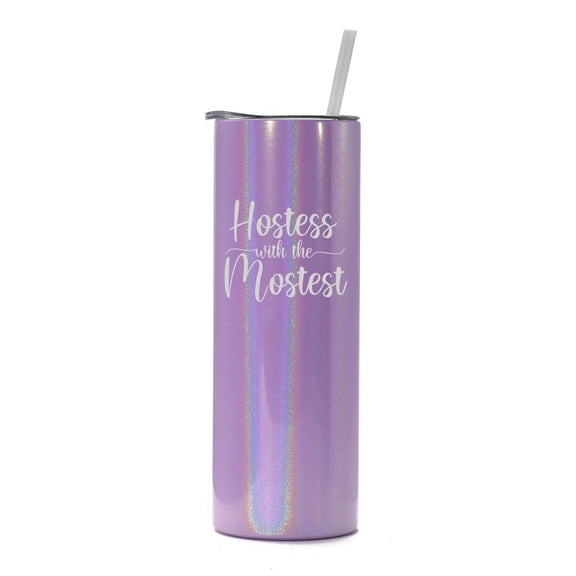 20 oz Skinny Tall Tumbler Stainless Steel Vacuum Insulated Travel Mug Cup With Straw Gift Hostest With The Mostest Hostess Host Thanksgiving Holiday Party Host (Purple Iridescent Glitter)