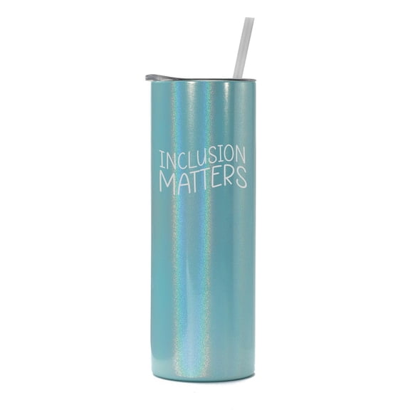 20 oz Skinny Tall Tumbler Stainless Steel Vacuum Insulated Travel Mug Cup With Straw Gift Inclusion Matters Special Education Teacher Autism Awareness (Light Blue Iridescent Glitter)