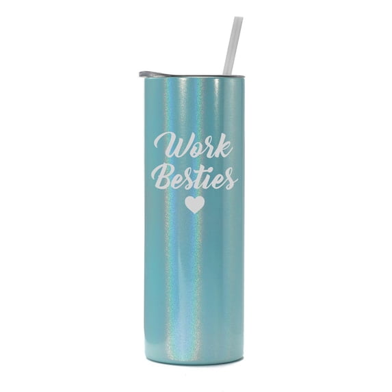 20 oz Skinny Tall Tumbler Stainless Steel Vacuum Insulated Travel Mug Cup With Straw Gift Work Besties For Coworker Colleague Work Friend Office (Light Blue Iridescent Glitter)