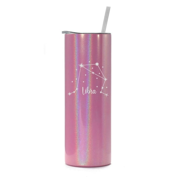 20 oz Skinny Tall Tumbler Stainless Steel Vacuum Insulated Travel Mug Cup With Straw Star Zodiac Horoscope Constellation (Pink Iridescent Glitter) (Libra)