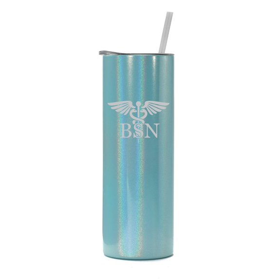20 oz Skinny Tall Tumbler Stainless Steel Vacuum Insulated Travel Mug Cup With Straw BSN Bacholors Of Science Nurse Caduceus (Light Blue Iridescent Glitter)